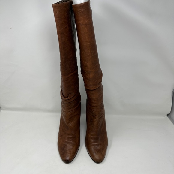 BCBG MaxAzria Brown Leather Pointed Toe Wedge Heel Knee High Tall Boots - Picture 2 of 6